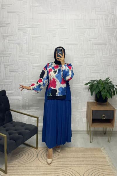 Ahi Tesettür Etekli Takım Mavi