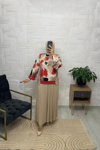 Ahi Tesettür Etekli Takım  Krem