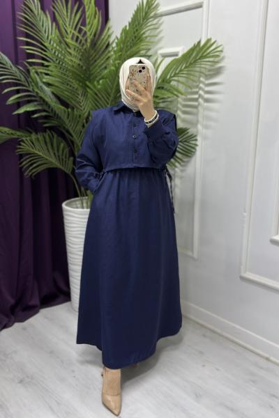 Ahu Keten Elbise İndigo Mavi