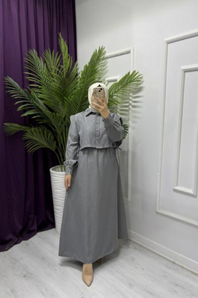 Ahu Keten Elbise Açık Gri
