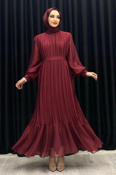 Akordiyon Elbise Bordo
