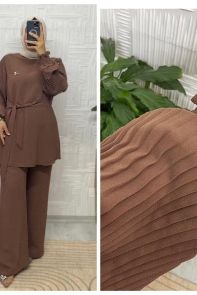 Asude Tesettür Tunik Takım Kahverengi