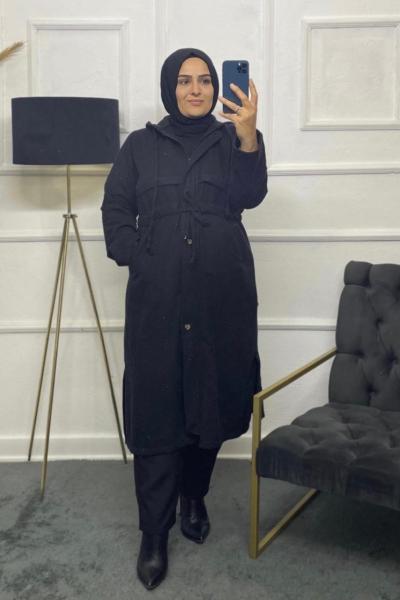 Asya Tesettür Kışlık Trenç Siyah