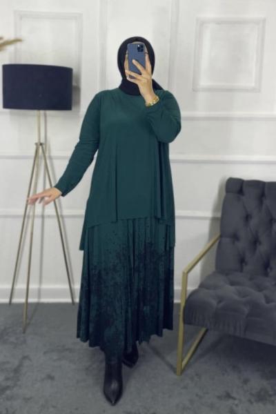 Batik Tesettür Etek Takım Koyu Yeşil