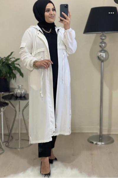 Beyaz Tesettür Trenç Beyaz