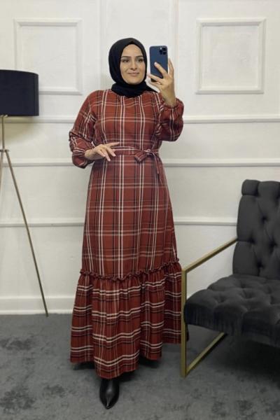 Birce Ekose Tesettür Elbise Tarçın