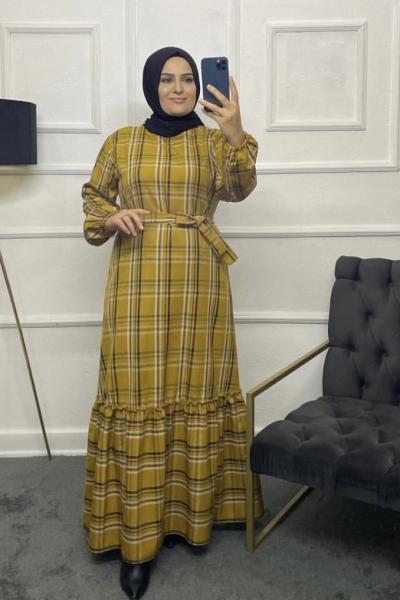 Birce Ekose Tesettür Elbise  Hardal Sarısı