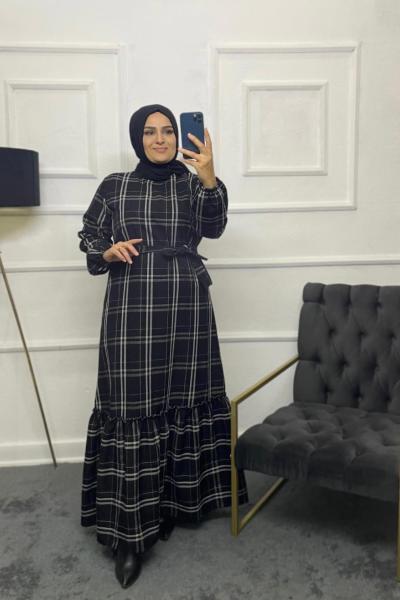 Birce Ekose Tesettür Elbise  Siyah