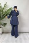 Broş Detaylı Takım İndigo Mavi