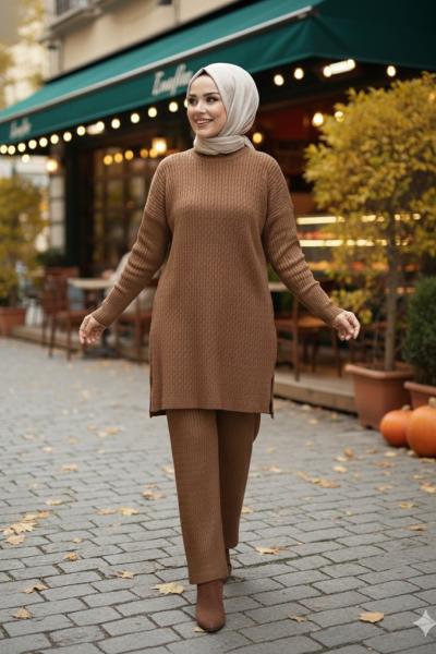 Burgu Desenli Triko Takım Taba