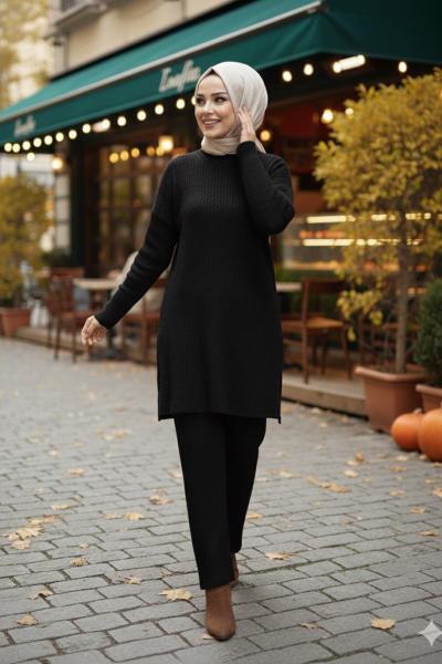 Burgu Desen Triko Takım Siyah