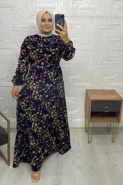 Çalıkuşu Tesettür Elbise  Lacivert