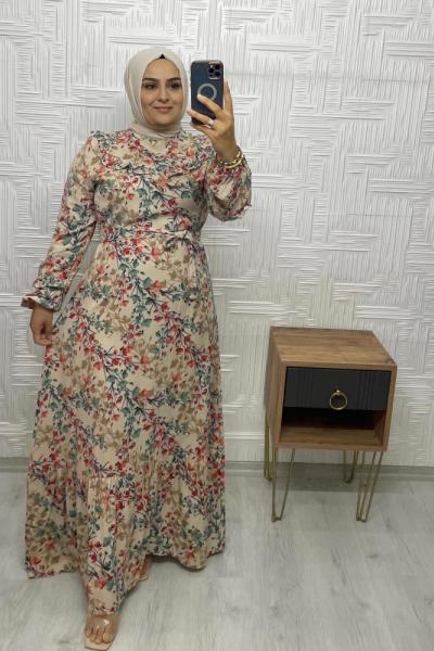 Çalıkuşu Tesettür Elbise  Krem