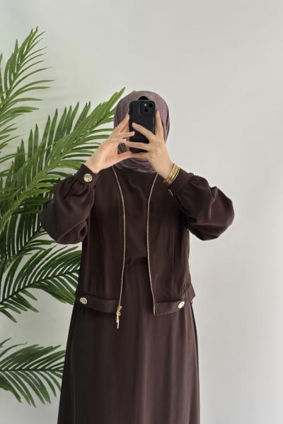 Ceketli Kupra Elbise Koyu Kahverengi