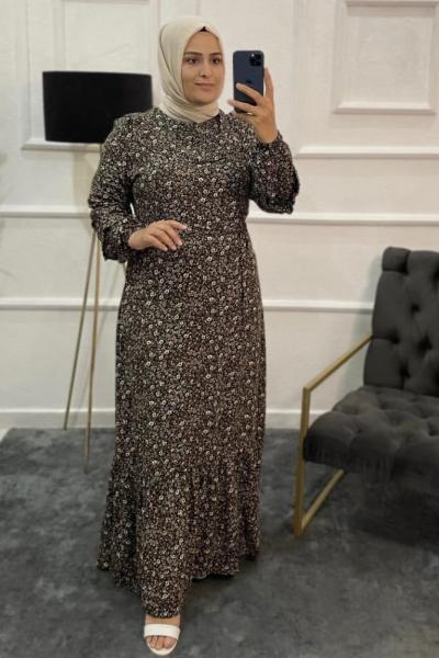 Çiçekli Tesettür Fistan Elbise  Koyu Yeşil