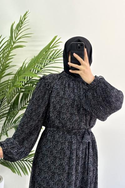 Çıtı Pıtı Desen Şifon Elbise Siyah