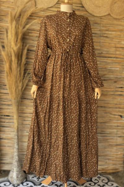 Çıtır Desen Viskon Elbise  Kahverengi