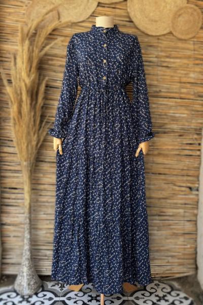 Çıtır Desen Viskon Elbise Lacivert