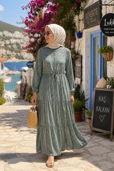 ÇITIR DESEN PAMUKLU ELBİSE Mint Yeşili