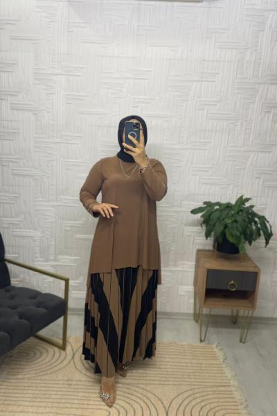 Çizgi Desen Tesettür Sandy Takım Haki Sütlü Kahve