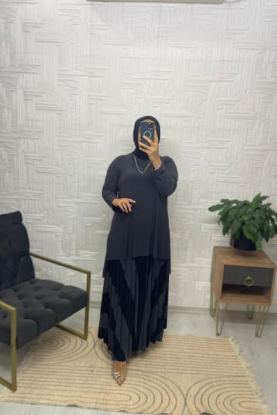 Çizgi Desen Tesettür Sandy Takım Füme