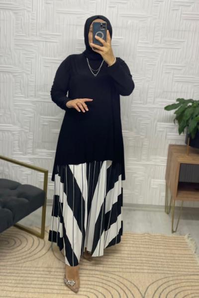 Çizgi Desen Tesettür Sandy Takım Siyah