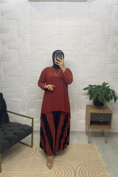 Çizgi Desen Tesettür Sandy Takım Kiremit