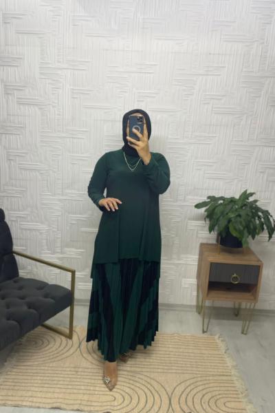 Çizgi Desen Tesettür Sandy Takım Koyu Yeşil