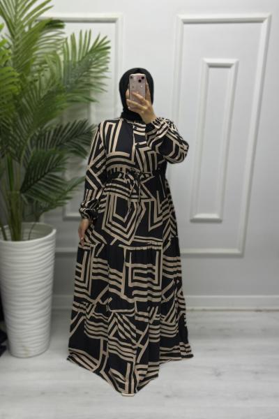 Çizgili Desen Pamuk Viskon Kat Kat Elbise Siyah