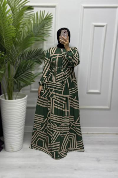 Çizgili Desen Pamuk Viskon Kat Kat Elbise Koyu Yeşil