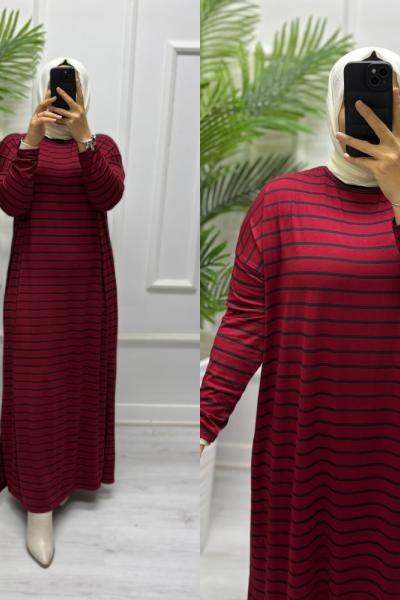 Çizgili Penye Elbise Bordo