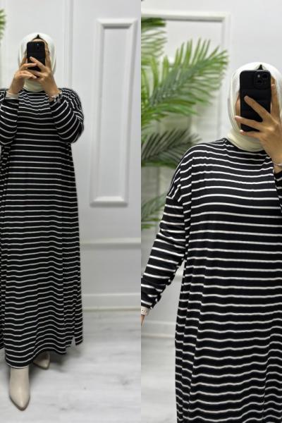 Çizgili Penye Elbise Siyah