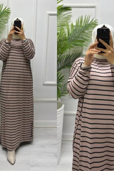 Çizgili Penye Elbise Bej