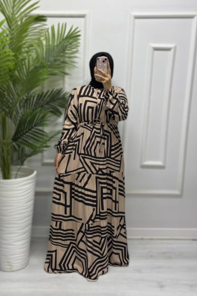 Çizgili Desen Pamuk Viskon Kat Kat Elbise Sütlü Kahve