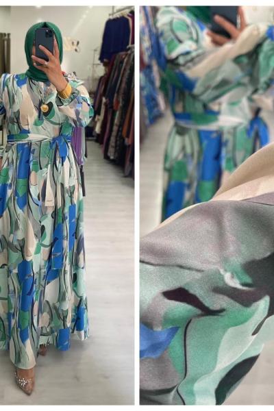 Deniz Tesettür Elbise  Mavi Geçişli