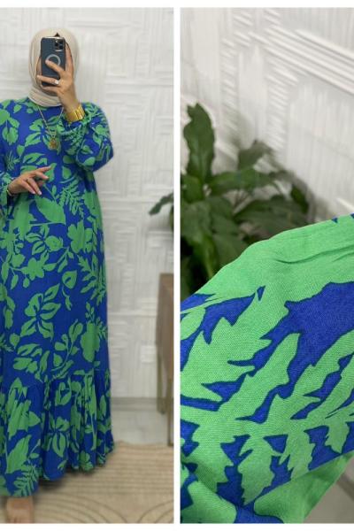 Dünya Tesettür Elbise  Mavi Geçişli