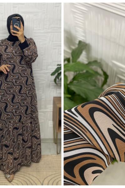 Ebruli Desen Tesettür Elbise  Siyah Kahverengi