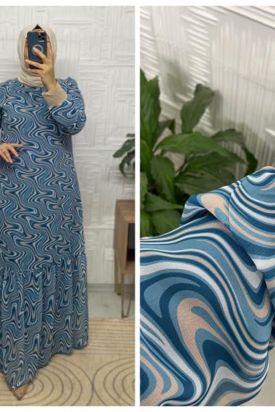Ebruli Desen Tesettür Elbise  Mavi
