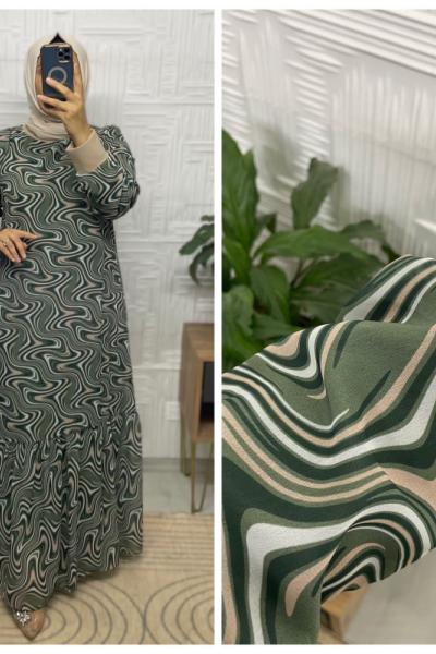 Ebruli Desen Tesettür Elbise  Yeşil
