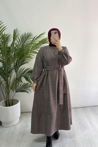 Ekose Elbise Gri Bordo