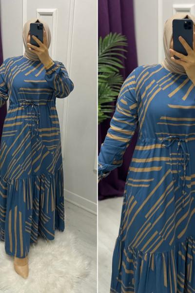 Elisa Pamuklu Elbise Mavi Ekru