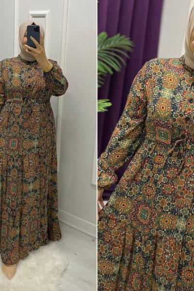 Etnik Desen Elbise Kahverengi Bej