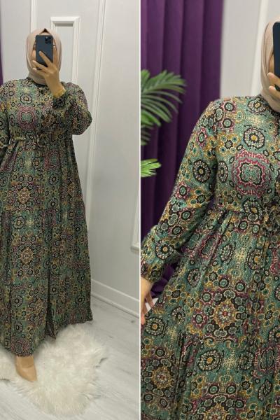 Etnik Desen Elbise Haki Sütlü Kahve