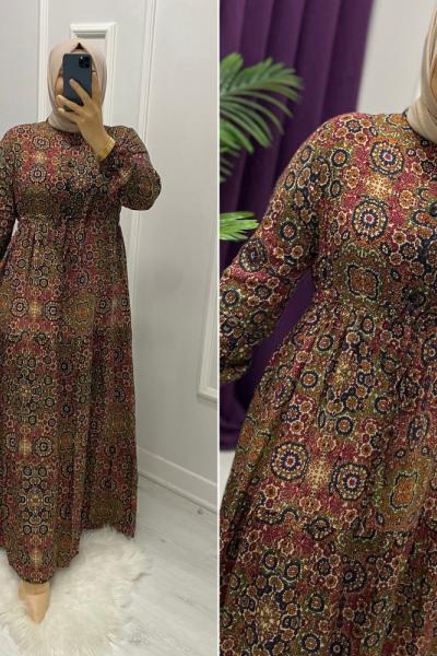 Etnik Desen Elbise Koyu Kahverengi