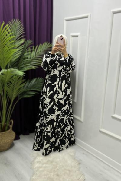 Fırça Desen Elbise Siyah