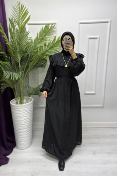 Fırfır Detaylı Şifon Elbise Siyah