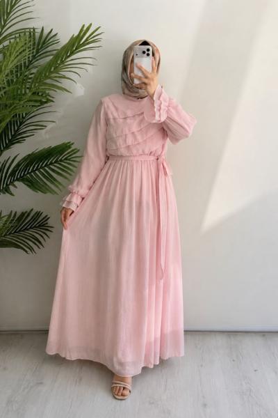 Fırfır detaylı yazlık elbise Pembe