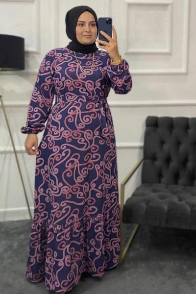 Firuze Tesettür Elbise  Mavi Pembe