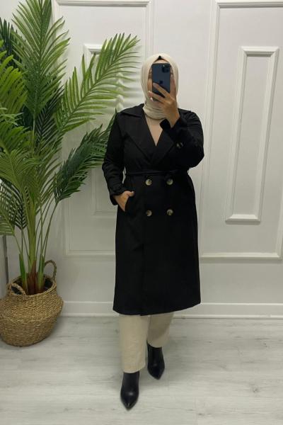 Gabardin Tesettür Trenç Siyah