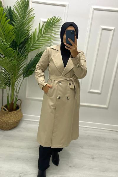 Gabardin Tesettür Trenç Krem